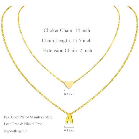 18K Gold Plated Stainless Steel Layered Heart Initial Necklace Personalized Tiny - Picture 6 of 7